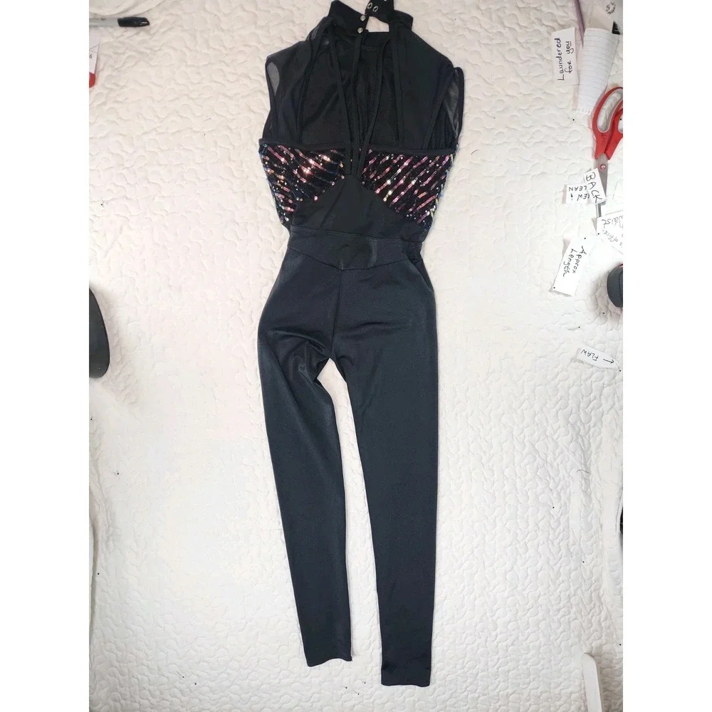 New XLC WEISSMAN Dance Costume Long Unitard Hit Me Hot Note 13784 Black Sequins